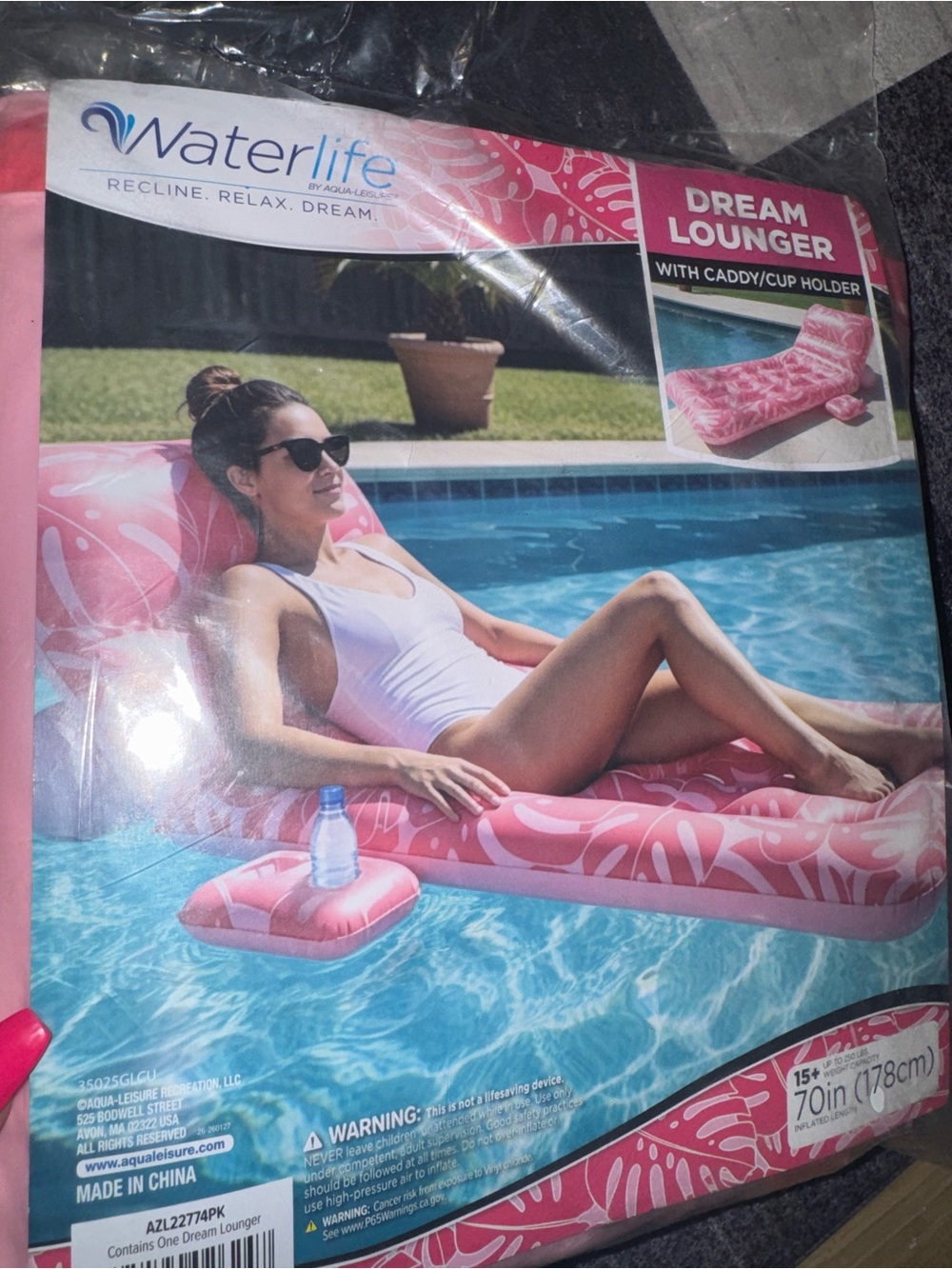 Pink Inflatable Pool Lounger with Built-In Headrest - Picture 5 of 6
